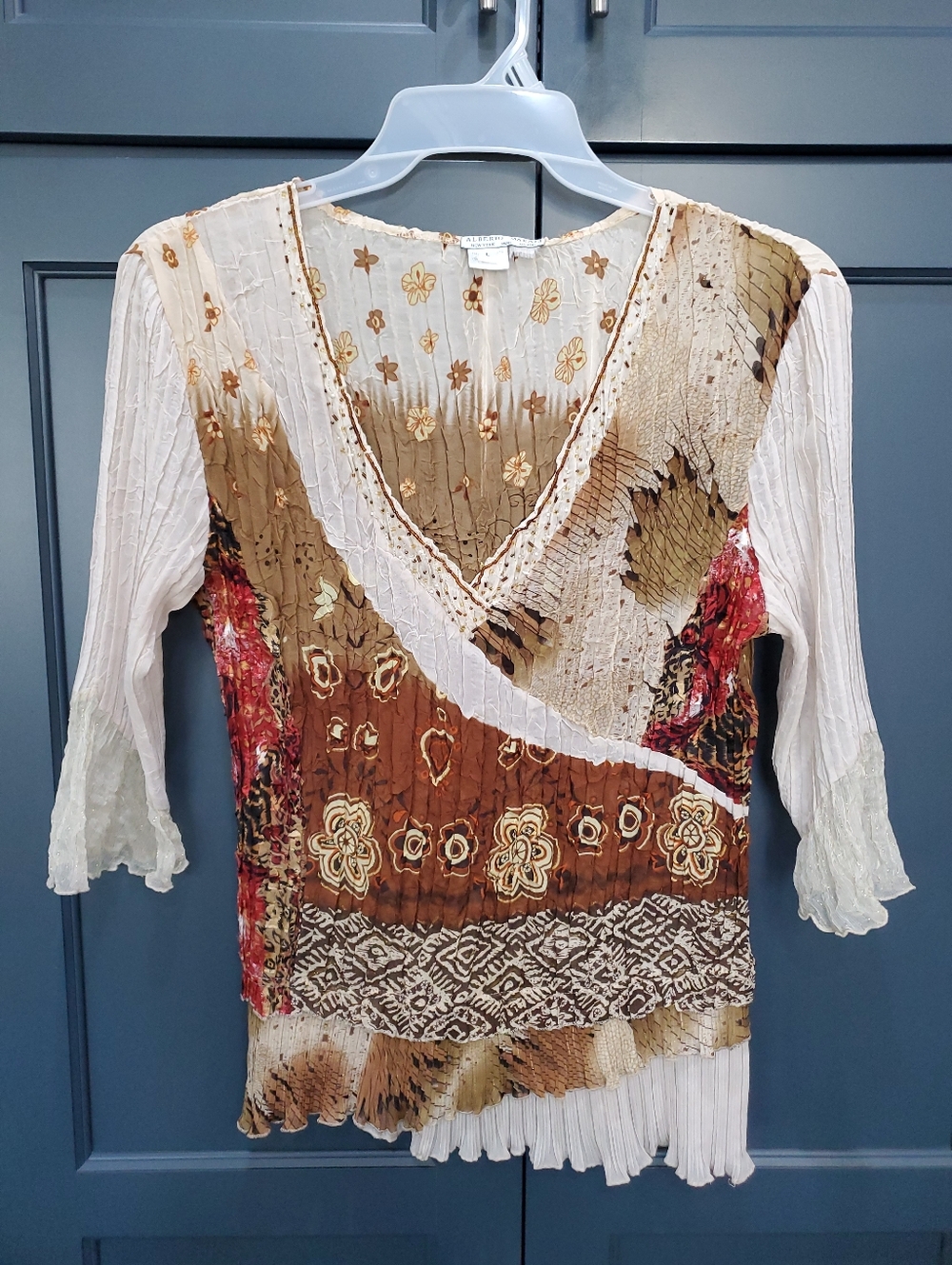 Alberto Makali Top Blouse Crinkle Pleated Asymmetric Abstract Art   Neutral L